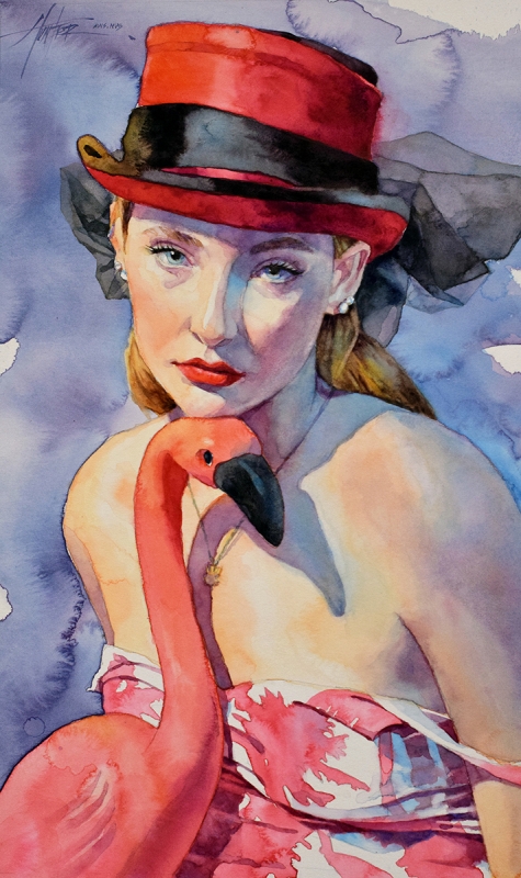 Pink Flamingos II water color painting by Lance Hunter