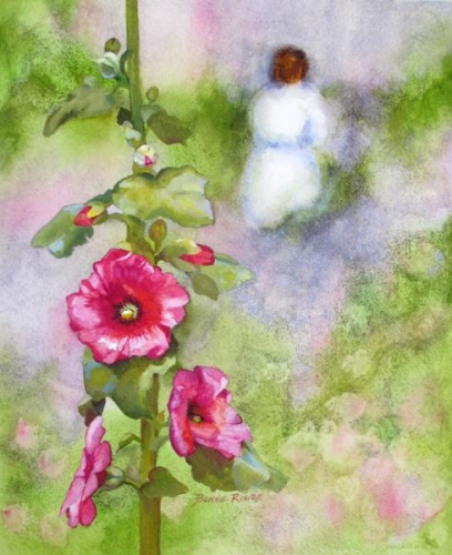 In the Garden with Hollyhocks by Bonnie Rinier
