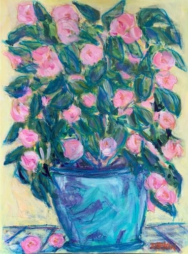 Camellia in Blue Pot by Barbara Rabkin